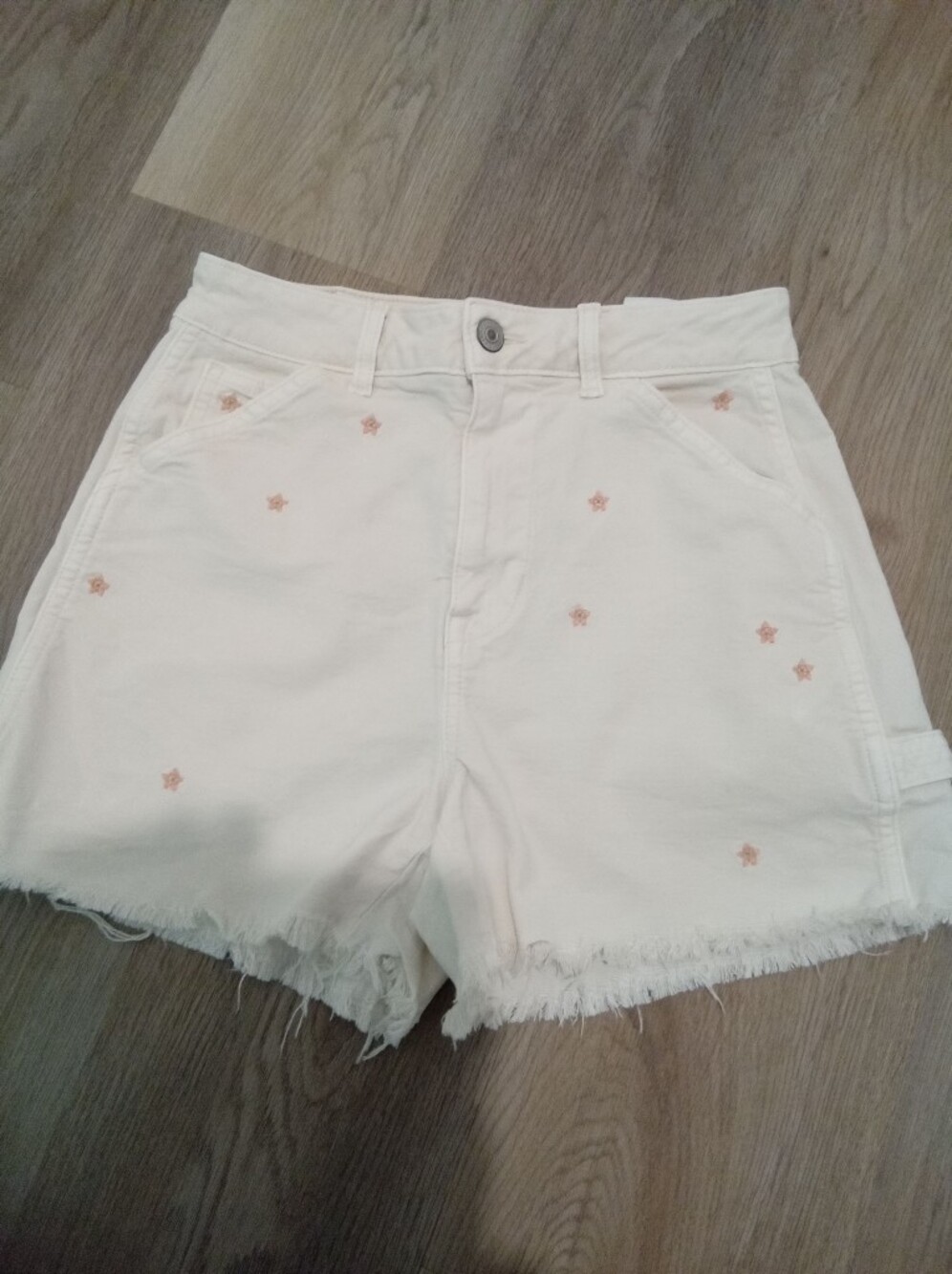 American Eagle Outfitters Size 0 Cream Denim Shorts with Pink Flower Embroidery